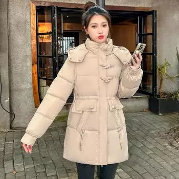 Winter horn buckle cotton-padded jacket Small cotton-padded jacket Hooded thickened waist thin cotton-padded jacket M чёрный