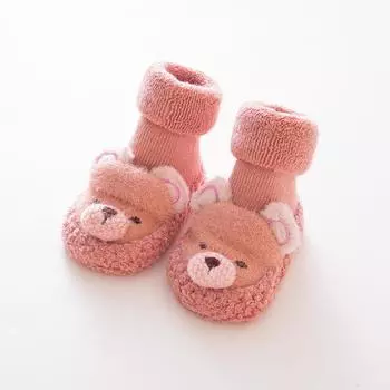 Winter Infant Cute Fluffy Bear Doll Shoes Toddler Baby Non-Slip Thick Loop Socks First Walker Warm Cozy Terry Floor Shoes 13cm(Insole length)