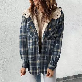 Winter Jackets Women Plaid Wool Blend Winter Long-Sleeved Hooded Warmth Coats Outerwears Loose Comfortable Tops Women Clothing S синий