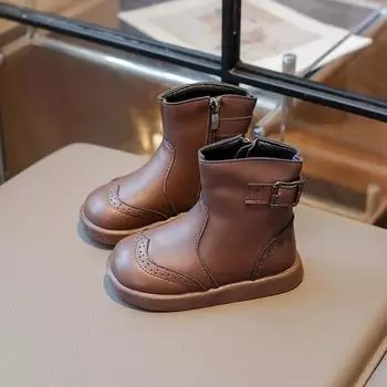 Winter Kid s Boot Non-slip Black Brown Girls Cotton Boots Short Ankle Versatile Children Causal Fashion Leather Boots Breathable 26 чёрный
