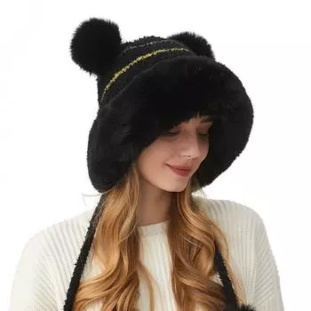 Winter Knitted Hat Women s Fur Ball Wool Hat Sleeve Cap Skullies Beanies Ski Slouchy Cap чёрный