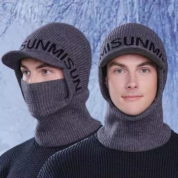 Зимняя вязаная маска шарф шапка мужская шапка для верховой езды ветрозащитная бархатная защита ушей шерстяная шапка кофейный