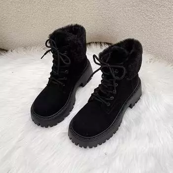 Winter Lace-up Modern Boots Ankle Square Heel 2024 High Quality Shoes Female Round Toe Mid Heel Leopard Novelty Women s Boots 35 чёрный