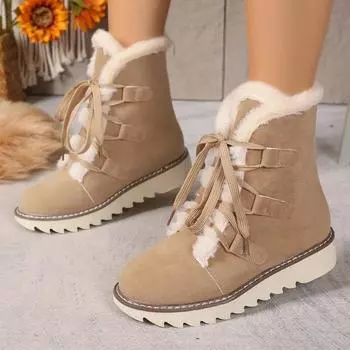 Winter Lace-up Women s Snow Boots Women Solid Short Plush Boots Casual Fashion Cross-tied Flat Ladies Shoes Flock Warm Botas 36 абрикосовый