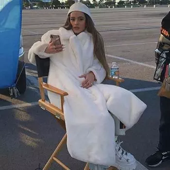 Winter large size imitation rabbit fur jacket loose and lengthened to ankle fur coat women s suit collar plush jacket XS белый