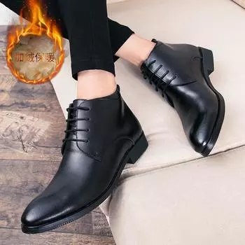 Winter leather boots high-top business casual leather shoes men s velvet cotton boots pointed hair stylist shoes short boots cowhide Martin boots 37