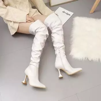Winter Leather Boots Women Stiletto Pointed Toe White Heeled Knee Boots Wine Glass Heel Side zipper Thigh Gigh Booties 35 белый