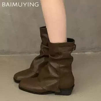 Winter Leather Chunky Women Ankle Boots Square Toe Pleated Mid Heels Fashion Shoes Trend Designer Goth Pumps Botas De Mujer 35