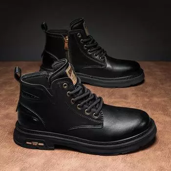 Winter leather Martin boots men s heightening retro British high-top tooling shoes men s high-end mid-top flip men s shoes 39 чёрный