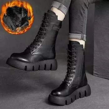 Winter Leather Women Boots 2024 Short Plush Mid-heel Snow Boots Lace Up Warm Lady Platform Biker Ankle Boots for Women Shoes 35 чёрный