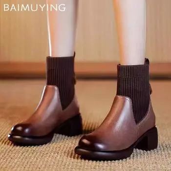 Winter Leather Women Snow Ankle Boots Retro Mid Heels Designer Chelsea Boots 2024 Trend Classic Chunky Shoes Goth Botas De Mujer 35 чёрный