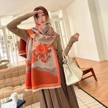Winter Literary Scarf, Women S Elegant Landscape Flower Language Scarf, Thickened Warm And Windproof Shawl 180*65cm оранжевый
