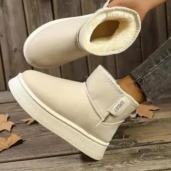 Winter Long Plush Warm Snow Boots Thick Sole Side Zipper Outdoor Cotton Shoes Woman Pu Leather Waterpoof Platform Ankle Boots 39 бежевый