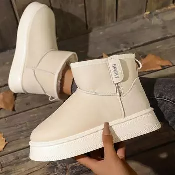 Winter Long Plush Warm Snow Boots Thick Sole Side Zipper Outdoor Cotton Shoes Woman Pu Leather Waterpoof Platform Ankle Boots 39 бежевый