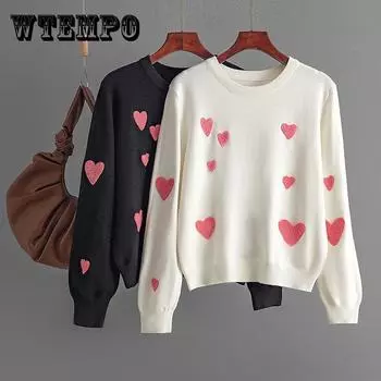 Winter Love Plush вышитый круглый вырез с длинным рукавом вязаный свитер с капюшоном Undercover Top для женщин one size чёрный