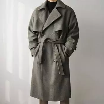 Winter Medium and Long Thickened Woolen Jacket Korean Version Trendy Loose Trench Coat M темно-серого
