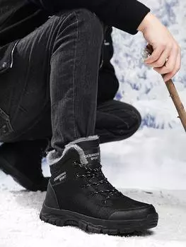 Winter Men Boots Leather Mens Snow Boots Plush Warm Couple Waterproof Non-slip Ankle Boots Lace-Up Outdoor Hiking Shoes 39-48 39