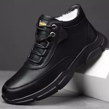 Winter Men Boots outdoor with Fur Leather Mens Bussiness Cotton shoes Casual Warm Snow Boots Men Leisure Boots Bota Masculina 38 чёрный