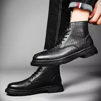 Winter Men Boots Warm High Quality Print Plush Mens Boots Genuine Leather Men Ankle Boots Business Crocodile Grain Male Footwear 37