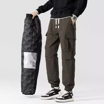 Winter men jogging 90% white duck down padded multi-pocket thick down pants windproof thermal pants M чёрный