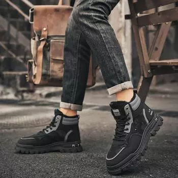 Зимние мужские ботинки теплые плюшевые новые высокие удобные шнурованные уличные нескользящие модные плюс 39 чёрный