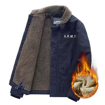 Winter Men s Cotton-padded Lamb Wool Jacket Casual Middle-aged Velvet American Tooling Cotton-padded Jacket Men M хаки