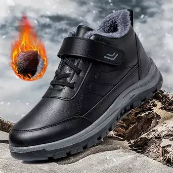 Winter men s cotton shoes leather waterproof snow boots velvet warm middle-aged and elderly dad non-slip soft-soled outdoor walking shoes 39 чёрный