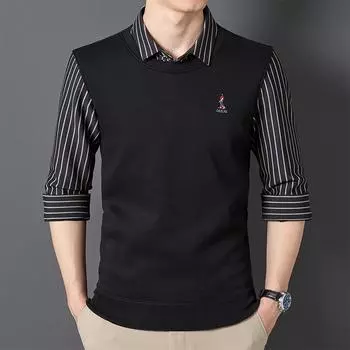 Зимняя мужская поддельная рубашка из двух частей, флисовая теплая рубашка, утолщенный вязаный свитер, деловой повседневный свитер L