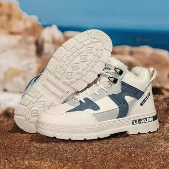 Winter Men s High Top Sneakers Outdoor Mens Designer Casual Shoes Fashion Plus Velvet Cold-proof Warm Cotton Shoes Zapatillas 39 бежевый