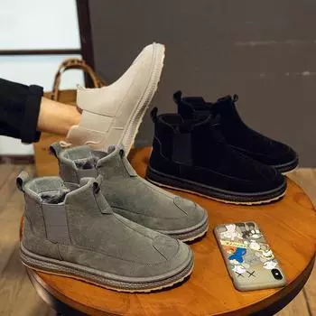 Winter Men s High Top Snow Boots Plush Medium Tube Chelsea Cotton Shoes 2024 Waterproof Anti-skid Thickened Warm Cotton Shoes 39 чёрный