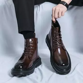 Winter Men s Motorcycle Boots Shiny Lace Up Round Toe Short Boots Waterproof Non Slip Denim Boots Formal High Top Leather Shoes 38 чёрный