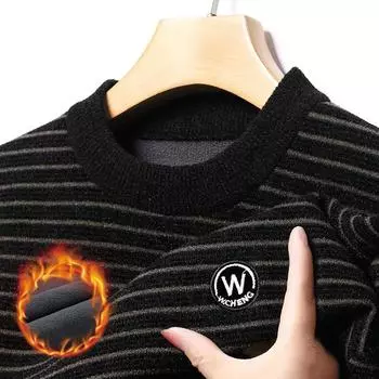 Winter Men s Thickened Velvet Warm Sweater All-in-one Velvet Chenille Knitted Bottoming Shirt Striped Top Bottoming Shirt M