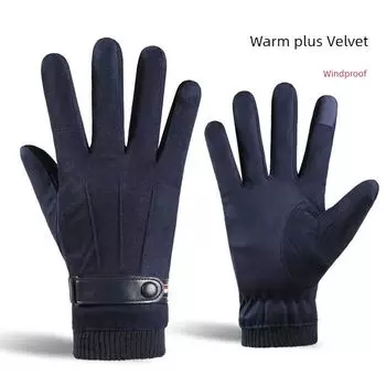 Winter Men Suede Windproof Riding Heattech Gloves Cotton Cold Protection Fleece Thickened Touch Screen Driving Skiing Suede Blue 1 pair One size