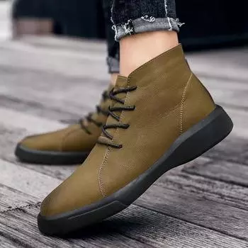 Winter Mens High-quality Denim Boots Outdoor Warm High Top Work Shoes Desert Boots Plush Lace Up Genuine Leather Round Toe Boots 38
