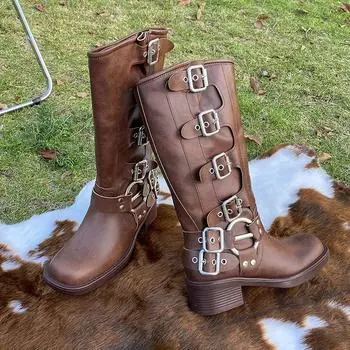 Winter Mid Calf Retro Women s Boots Autumn Round Toe Platform Shoes for Women Heeled Shoes Belt Buckle Block Heel Boots 35 чёрный