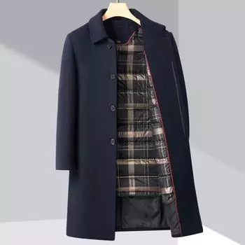 Зимнее шерстяное пальто средней длины с двухсторонним воротом для мужчин среднего возраста со съемной пуховой подкладкой, кашемировое пальто с лацканами, плотная ветровка для отцов среднего возраста 170