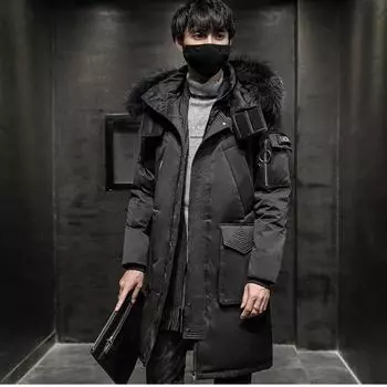 Winter Mid -length Down Jacket Men s Solid Color, Simple Trend, Casual Loose Hooded Fur Collar Keeping Warm Cotton Jacket M