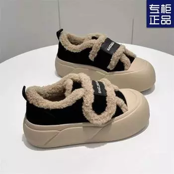 Winter new 2024 thick-soled non-slip Velcro cotton shoes women s winter velvet thickened one-pedal loafers bread shoes 35 хаки