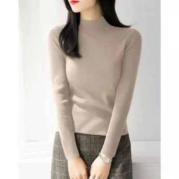 Winter New Arrival Wine Red Long Sleeve Knitwear Women s Clothing Thick Inner Bottoming Top Wool Silm Mock Neck Sweater Shallow khaki M