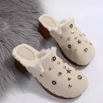 Зимние новые тапочки Baotou женские модные замшевые с заклепками и круглым носком, с грубым хлопком 36 бежевый