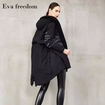 Зимняя новая куртка-накидка нерегулярная дизайнерская ребристая сращивание тяжелая промышленность вышивка пуховик женский S чёрный