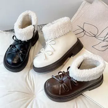 Новые зимние детские кожаные ботинки, высокие хлопковые ботинки для девочек, детские короткие зимние ботинки с боковой молнией в стиле ретро, ботинки принцессы с двойным бантом 26 чёрный