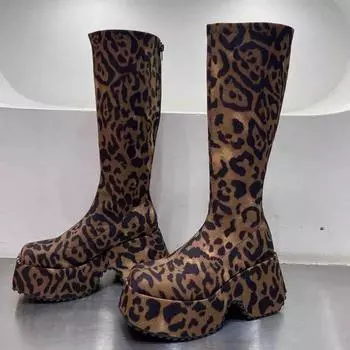 Winter New Chunky Boots Women s Fashion Round Head Thick Sole Leopard Print Back Zipper Style Thigh-high Boots 35
