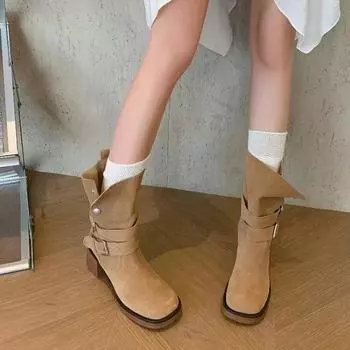 Новые зимние женские сапоги до середины голени на толстом каблуке, однотонные винтажные туфли, модные ковбойские рыцарские сапоги с пряжкой на ремне для женщин 35 чёрный