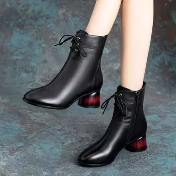 Winter New Chunky Single Boots Women s Fashion Pointy Front Lacing Side Zipper Anti-slip Wear-resistant Short Boots 35 чёрный