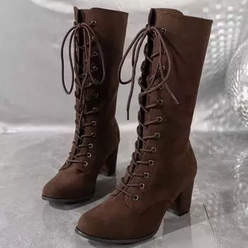 Winter New Coarse Heel Shoes Women s Round Head Front Cross Lacing Anti-slip Wear-resistant High Boots 35 чёрный