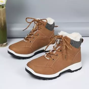 Winter New Cotton Boots Women s Fashion Round Head Front Lace-up Splicing and Fleece Thickened Comfortable Flat Ankle Boots 36 чёрный