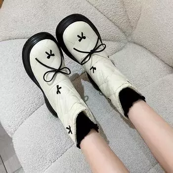 Winter New Cotton Boots Women s Round Head Cloth Butterfly Knot Thick Soles Anti-slip Wear-resistant Warm Snow Boots 36 бежевый