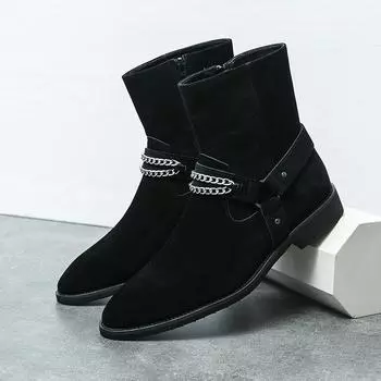 Winter New Fashion Male Pointed Metal Chain Suede Ankle Boots Men s Casual Luxury High Top Shoes Zapatos Hombre Vestir 38
