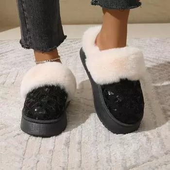 Winter New Fashion Round Head Solid Color Large Women Cotton Slippers Wearing Thick Sole Comfortable Women s Shoes Zapatos Mujer 36 чёрный
